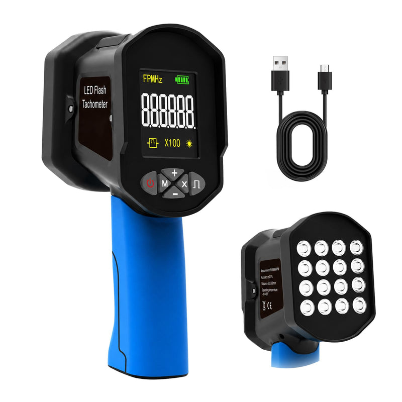 60-100000 RPM Digital Strobe Speedometer, Non-Contact Handheld LED Strobe with 0.001% Accuracy of Speed Measurement, 1500LUX, 16 LEDs, USB Rechargeable, LCD Display for Motors, Fans