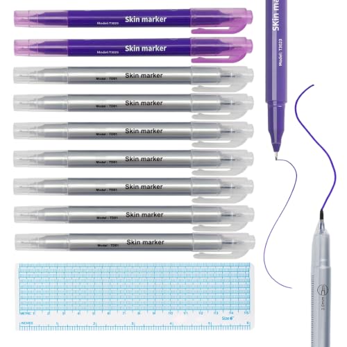 Pack of 9 Tattoo Pens, Skin Marker Pen with 9 Rulers, Waterproof, Double-Sided Tattoo Pen, Tattoo Piercing Positioning Pen for Skin, Eyebrows and Lips (Purple)