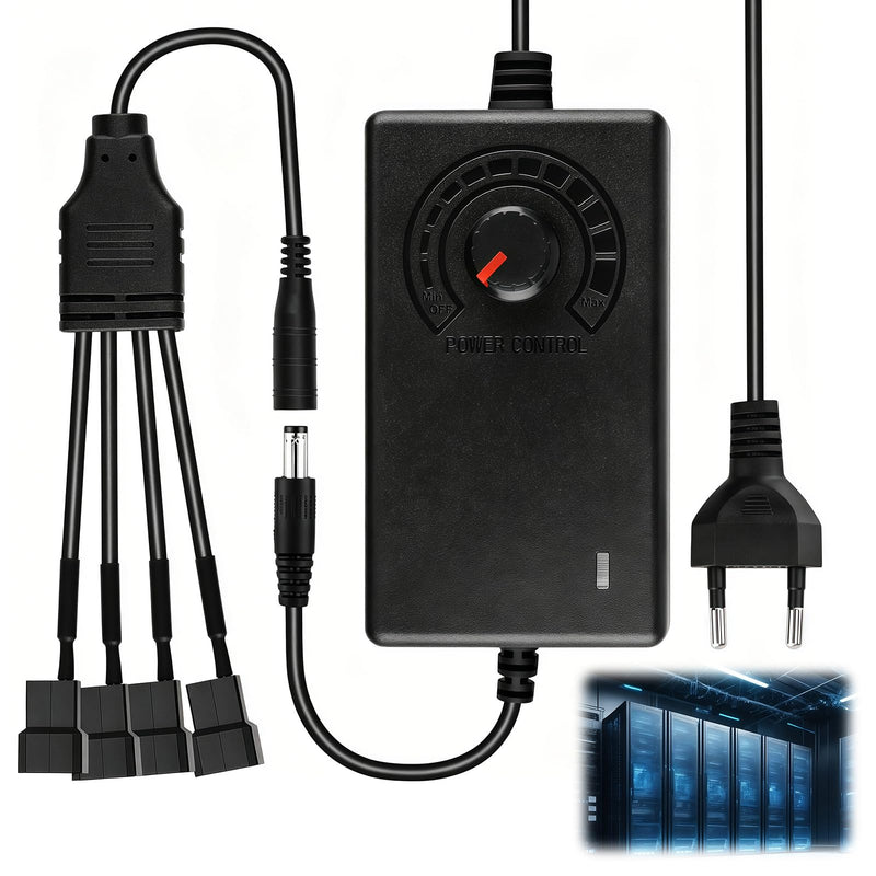 4 Pin PWM Fan Controller with 12 V Power Supply, Fan Speed Controller 100-240 V AC to 3-12 V DC 24 W 2A, Fan Speed Control Module with 1 to 4 Splitter Cable for PC Fan Receiver DVR Console