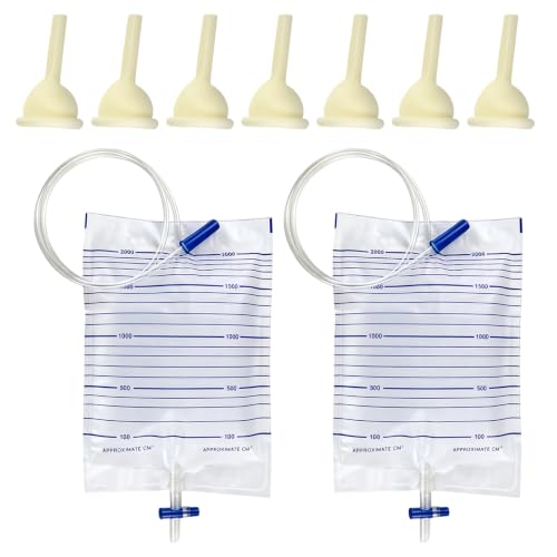 7 Pieces Urinal Condom for Men (35 mm) + 2 Urine Bags 2000 ml Catheter Bag Urine Bag Urine Bag for Incontinence with Valve and T-Outlet Safe Durable Clear Scale for Men with Limited Mobility