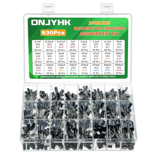 24 Value 630 Pieces Elko Capacitor Set 0.1uF to 1000uF Elkos Capacitors Assortment 10V 16V 25V 50V Aluminium Electrolytic Capacitors Electrolytic Capacitor Kit