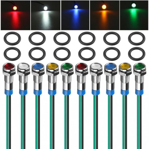 Pack of 10 6mm LED Metal Indicator Light 220V-230V Waterproof IP66, Signal Light with Cable for Dashboard, Pilot Light Set (Red/Green/Yellow/Blue/White)