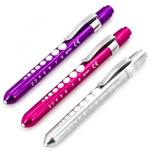 Zolara Led Stiftlampe, Pupillenleuchte Set, LED Taschenlampe Augenleuchte, Taschenlampe mit Clip und Skala, für Augenuntersuchungen, Notfall und Pflegezubehör, Lila, Silber, Rosa