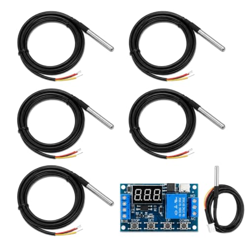 Pack of 5 DS18B20 Waterproof Temperature Sensor 1-Wire Digital Temperature Sensor 5 m Cable Compatible with Arduino Raspberry Pi Shelly Temperature Sensor for Industrial DIY Projects