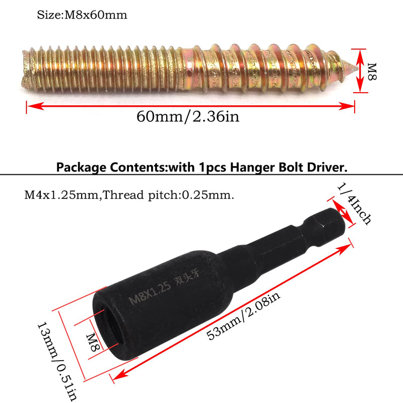 [Australia - AusPower] - 10Pcs Hanger Bolts Double Headed Bolts Kit,with (M8x1.25mm) Hanger Bolt Driver, Hanger Bolts for Wood Furniture(M8x60mm) M8x60mm 