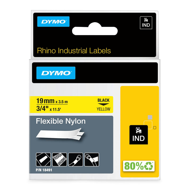 DYMO Rhino Industrial Flexible Nylon Labels 3/4" x 11.5' Black Print on Yellow Tape 3/4" (19MM) Black on Yellow