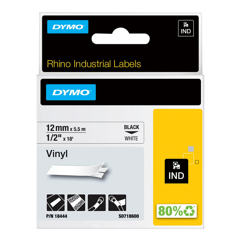 DYMO Rhino Industrial Vinyl Labels 1/2" Black Print on White Tape Black on White 1/2" (12MM)