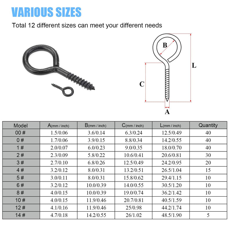 [Australia - AusPower] - 240PCS 12 Sizes Black Zinc Plated Steel Eye Bolts Screw Eyes Assortment Kit 