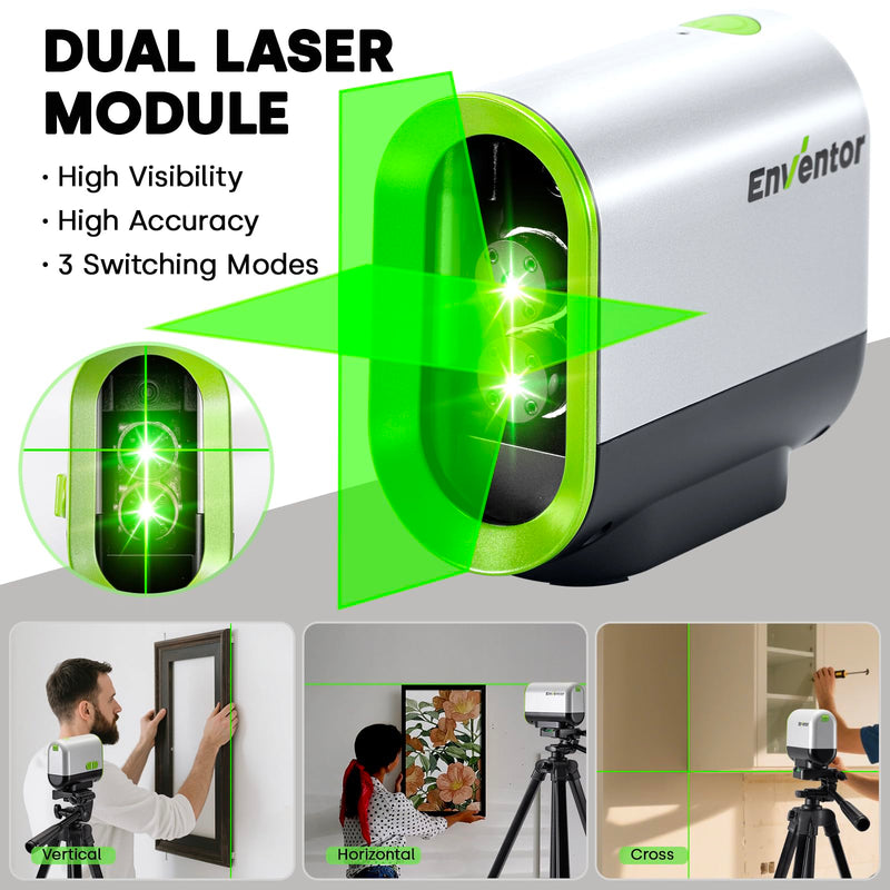[Australia - AusPower] - Enventor Green Laser Level, Self Leveling Laser Level for Picture Hanging and Home DIY, Horizontal and Vertical Cross-Line Laser, Rotatable 360° Magnetic Holder, Pulse Mode, USB Charging 