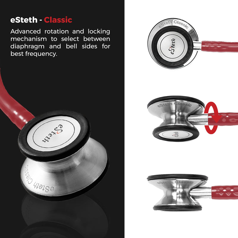 [Australia - AusPower] - eSteth- eSteth Classic Stethoscope - Stainless Steel Chest Piece with Unique Design, Flexible Stethoscope Tubing - Extra Ear Tips & Non-Chill Ring - 32" Long, Cherry Red 