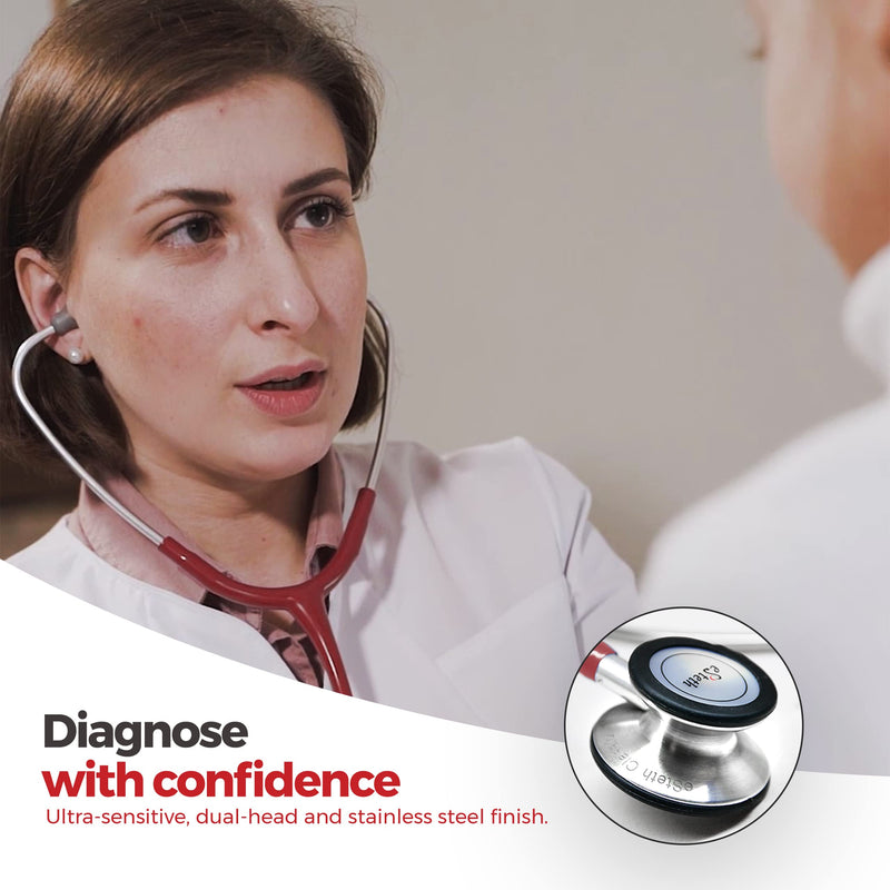 [Australia - AusPower] - eSteth- eSteth Classic Stethoscope - Stainless Steel Chest Piece with Unique Design, Flexible Stethoscope Tubing - Extra Ear Tips & Non-Chill Ring - 32" Long, Cherry Red 