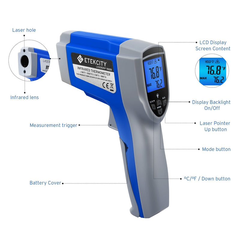 [Australia - AusPower] - Etekcity Infrared Thermometer 1022D (Not for Human) Dual Laser Temperature Gun Non-contact-58℉~1022℉ (-50℃ ~ 550℃) with Adjustable Emissivity & Max Measure, Standard Size, Blue & Gray 