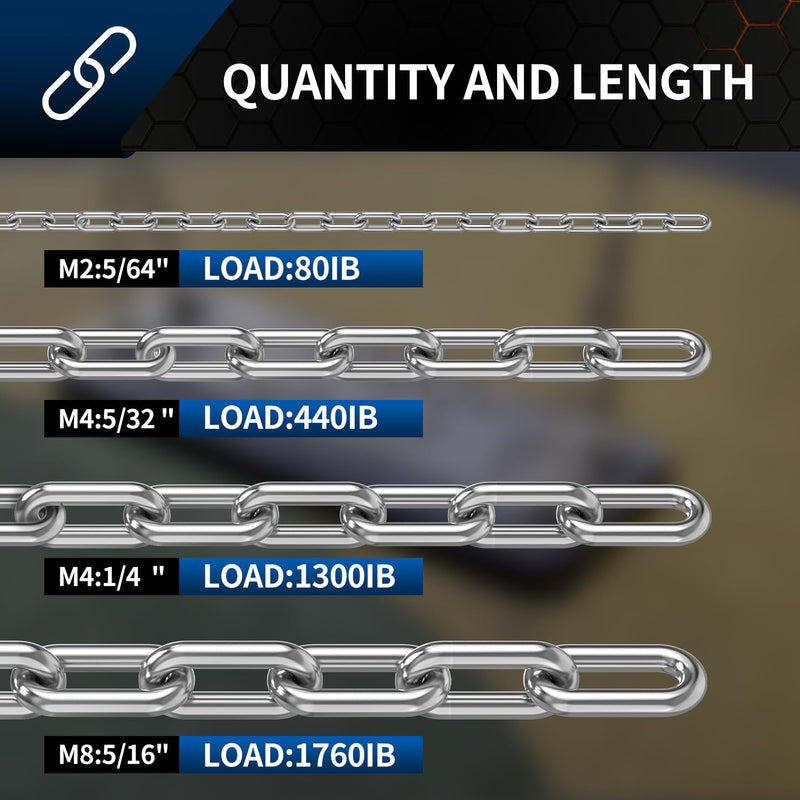 [Australia - AusPower] - Stainless Steel Link Chain, 304 Stainless Steel Link Proof Coil Chain Heavy Duty Chains Hanging Safety Chain for Swing Plants Anti-Theft 5/64in-6.5ft 
