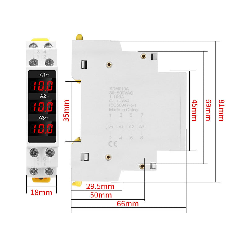 [Australia - AusPower] - 3 Phase Din Rail Voltmeter Ammeter, AC 80‑500V 1‑100A Digital Energy Meter with 3 Sensors, Voltage Current Power Meter Electricity Tester Multimeter Current Power Tester 