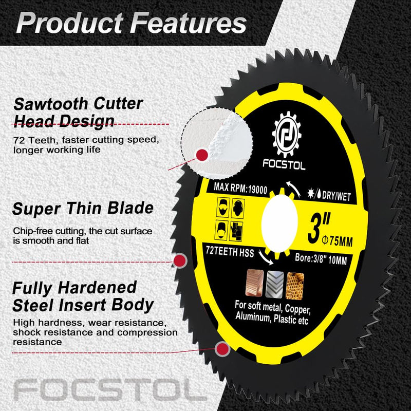 [Australia - AusPower] - FOCSTOL Saw Blade Set - 4pcs 75mm Cutting Disc for Cutting Wood Metal Plastic for Angle Grinder Arbor 10mm TCT+Wood+HSS Blade 