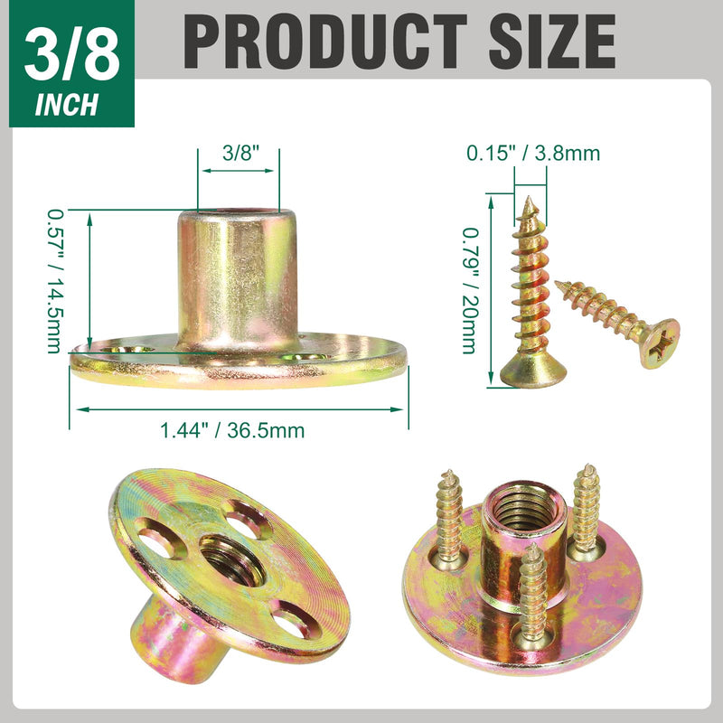 [Australia - AusPower] - 3/8"-16 Brad Hole T-Nut with Screws, Zinc Plated Carbon Steel 3-Hole T-Nuts, Insert Female Thread Mounting Fastener for Wood Furniture and DIY Project - 16 Set (64 Pieces) 3/8"-16 
