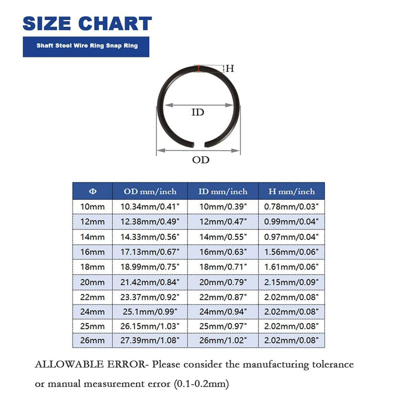 [Australia - AusPower] - 120Pcs GB895.2 ?10-?26 Retainer Clip 65Mn Shaft Steel Wire Ring Snap Ring Set,Bearing Stop Ring Assortment Kit,Round Wire Snap Rings for Shafts 
