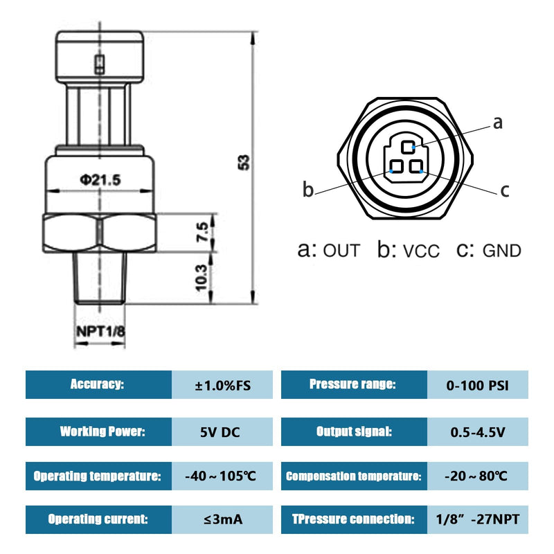 [Australia - AusPower] - 100 PSI Pressure Transducer Sensor with Connector Harness, 1/8"NPT Thread Stainless Steel Pressure Transmitter for Oil Fuel Water Air 100PSI 
