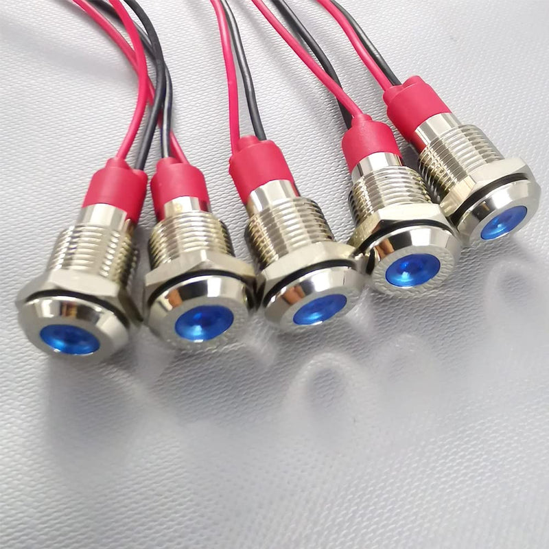 [Australia - AusPower] - 10mm 3V-4.5V-5V-6V-7.5V-9VDC Waterproof Signal Indicator Lamp with Wire, Energy Saving LED Metal Indicator Light(5pcs x Blue) 