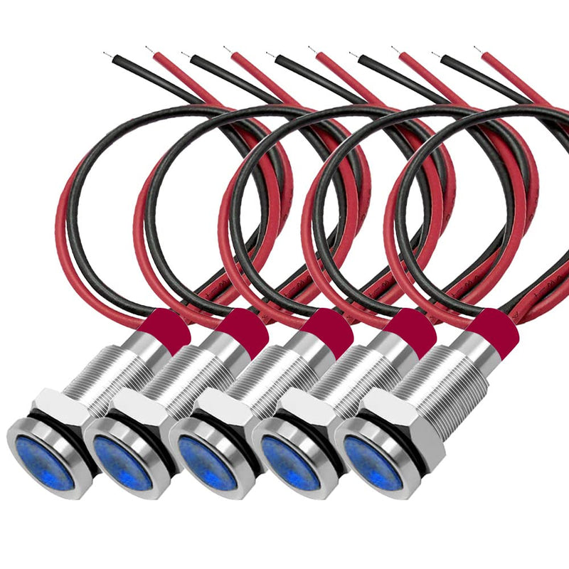 [Australia - AusPower] - 10mm 3V-4.5V-5V-6V-7.5V-9VDC Waterproof Signal Indicator Lamp with Wire, Energy Saving LED Metal Indicator Light(5pcs x Blue) 