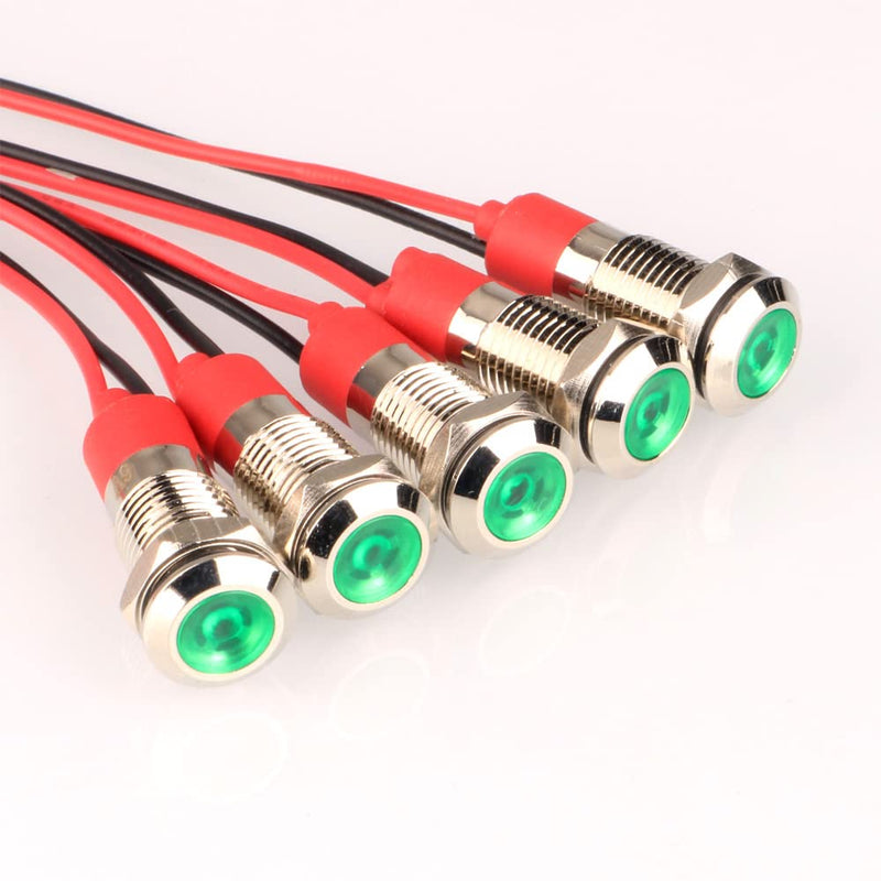 [Australia - AusPower] - 8mm 3V-4.5V-5V-6V-7.5V-9VDC Waterproof Indicator Light, Energy Saving LED Metal Signal Indicator Lamp with Wire(5pcs x Green) 
