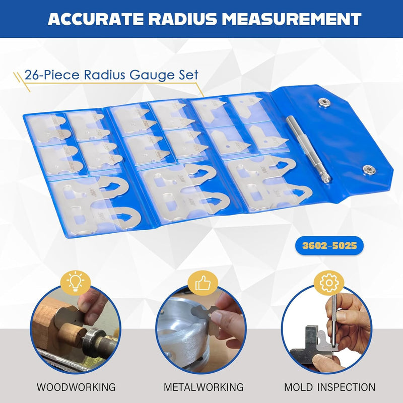 [Australia - AusPower] - Generic 3602-5025 Stainless Steel Radius Measuring Tool 26 Pcs Radius Gauge Set 0.010'' to 0.500'' Gauges with Holder 