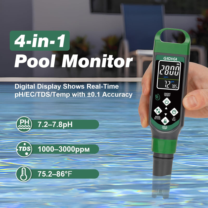 [Australia - AusPower] - pH Meter Digital Display Color Screen 4 in 1 pH Tester pH EC TDS Temp Water Quality Test Pen Suitable for Home Planting Hydroponics Swimming Pool Drinking Water Brewing Hot Tub NFC DWC 