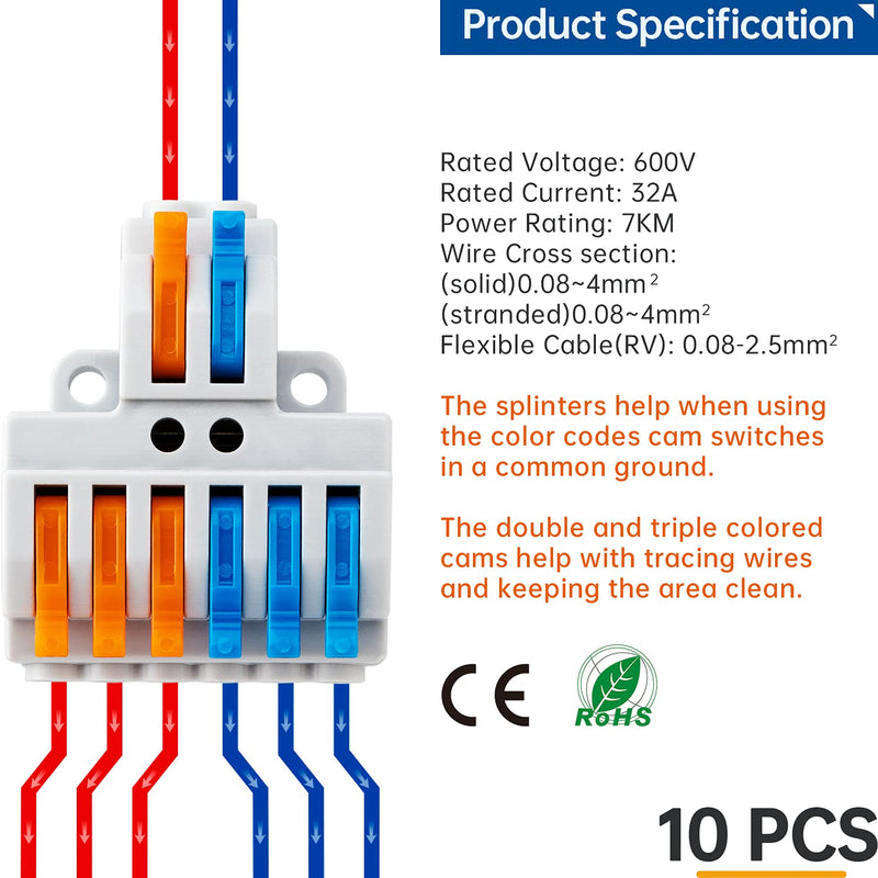 [Australia - AusPower] - GKEEMARS 10 Pcs Lever Wire Connectors, Quick Wiring Cable Connector Push-in Conductor Terminal Block (2 in 6 Out) 2 in 6 out 