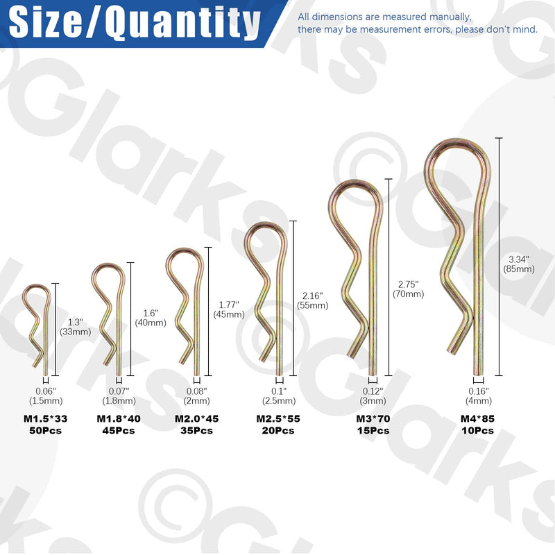 [Australia - AusPower] - Glarks 175Pcs Hairpins R Clips Cotter Pins Assortment Kit 6 Sizes Zinc Plated Carbon Steel R Pin Hair Pin Clips Spring Fasteners for Hitch Pin Lock Systems 
