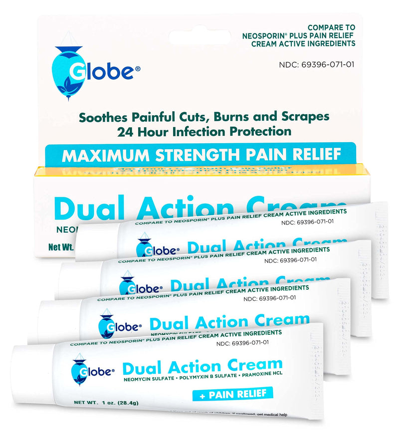 [Australia - AusPower] - (4 Pack) Globe Triple Antibiotic Cream + Pain Relief, Neomycin, Polymyxin B, Pramoxine HCl, Soothes Painful Cuts, Burns and Scrapes, 24 Hour Infection Protection 