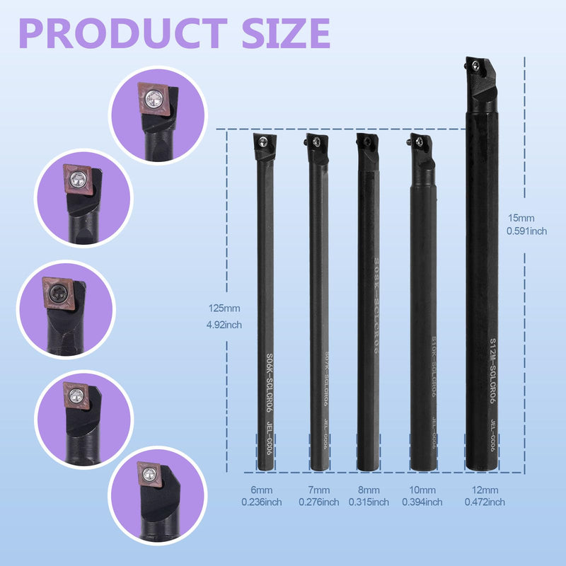 [Australia - AusPower] - Indexable Lathe Internal Boring Bar 15PCS Kit-5PCS Metal Lathe Tools Holder 10PCS CCMT21.51 Carbide Insert for Boring S06K/S07K/S08K/S10K/S12M-SCLCR06 5pcs Boring Bar+10pcs Inserts 