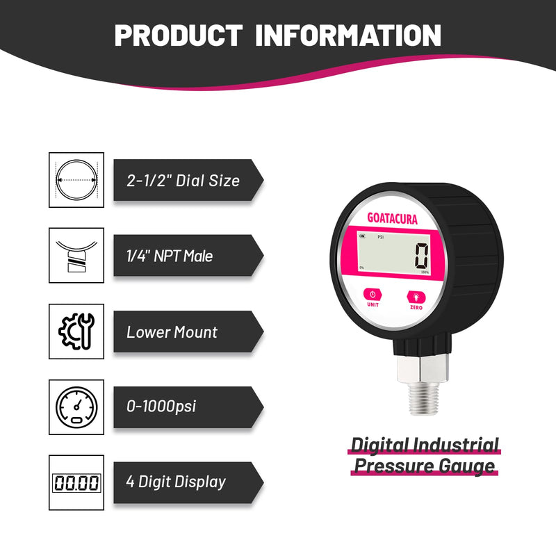 [Australia - AusPower] - 0-1000psi Digital Industrial Pressure Gauge, 2-1/2" Dial Size, 1/4" NPT Lower Mount, 304 Stainless Steel Case and Connection, 1% High Accuracy, with Protective Sleeve 0-1000psi 