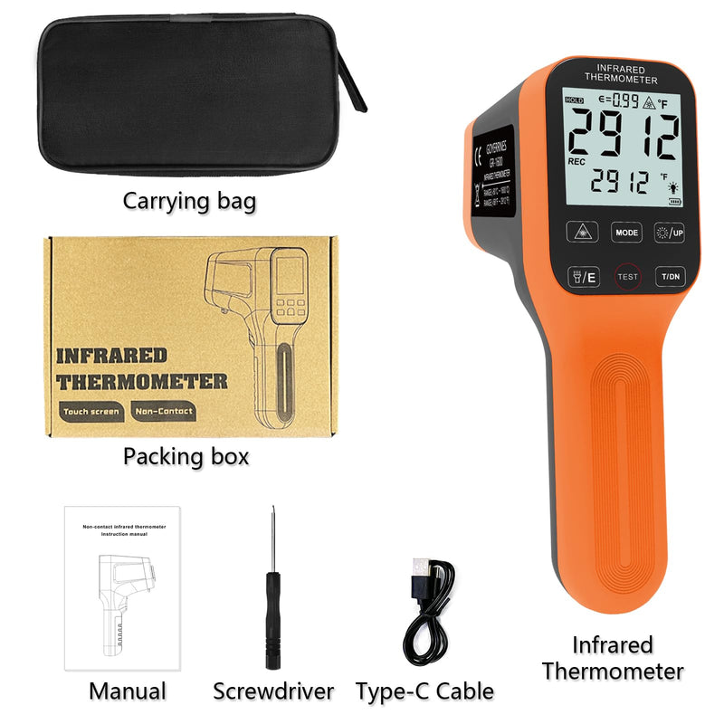 [Australia - AusPower] - Pyrometer, 30:1 Industrial Infrared Thermometer Gun Rechargeable, -58℉~2912℉ High Temp Waterproof Digital IR Laser Temperature Gauge (NOT for Human) Orange 