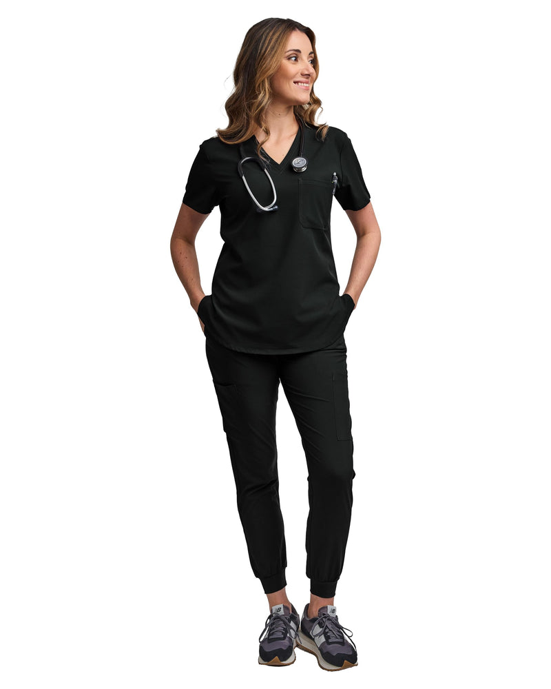 [Australia - AusPower] - Green Town Scrubs for Women Scrub Set - Jogger Pant and Tuck-in V-Neck Top, 5 Pockets, Yoga Waistband, Nursing Uniform Large Black 