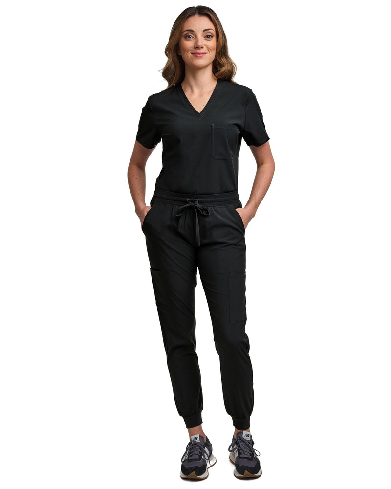 [Australia - AusPower] - Green Town Scrubs for Women Scrub Set - Jogger Pant and Tuck-in V-Neck Top, 5 Pockets, Yoga Waistband, Nursing Uniform Large Black 