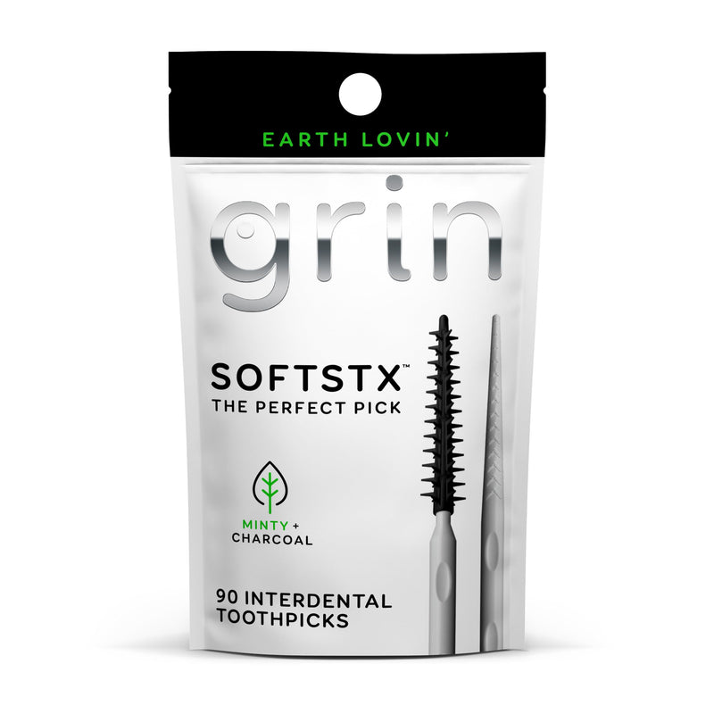 [Australia - AusPower] - Grin Charcoal Infused Softstx, Gentle Dental Picks, 90 Count, Soft Flexible Bristles, Textured Plaque Removing Toothpick, Minty Flavor, for Between Teeth, Refillable Hygienic Case 