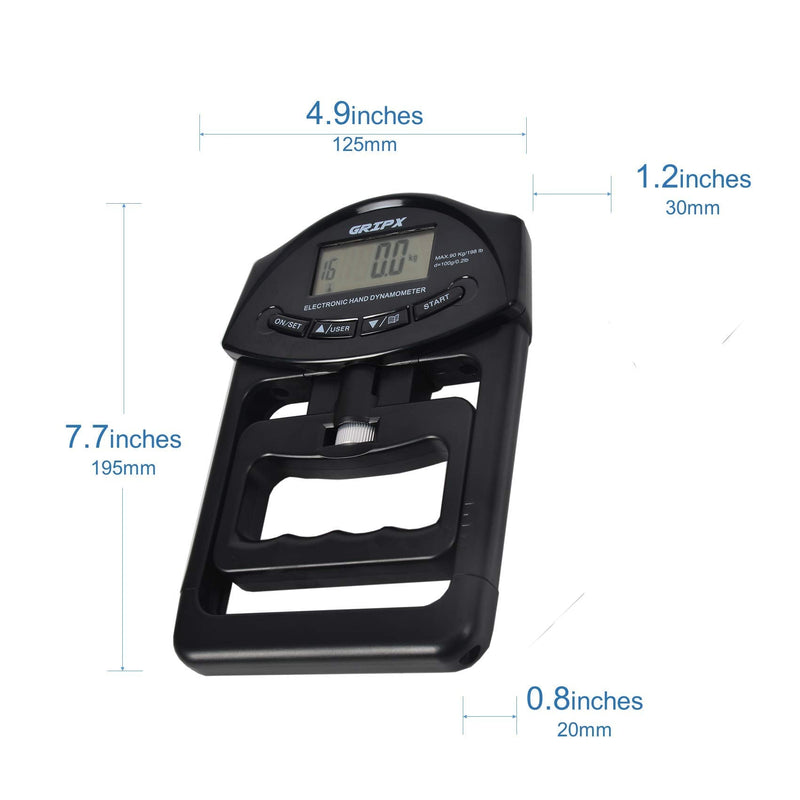 [Australia - AusPower] - GRIPX Digital Hand Dynamometer Grip Strength Measurement Meter Auto Capturing Electronic Hand Grip Power 198Lbs / 90Kgs Black 