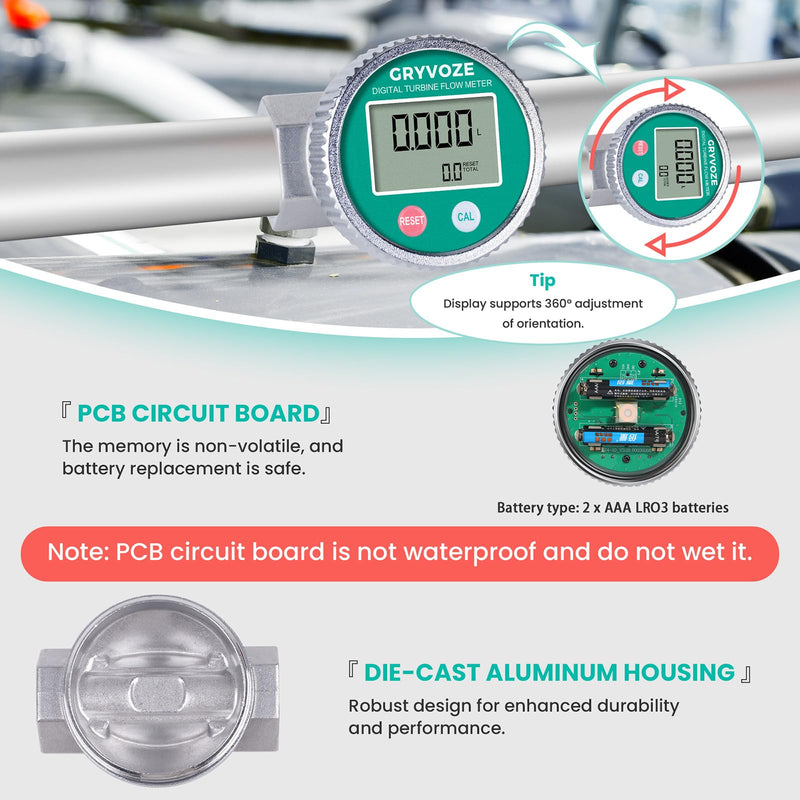 [Australia - AusPower] - 3/4 Inch Digital Water & Fuel Flow Meter Kit - with 360° Swivel Connector & Two Male Connectors - IP68 Waterproof & EMI Resistant, 0.8-13.2 GPM Inline NPT Flowmeter 3/4 inch 