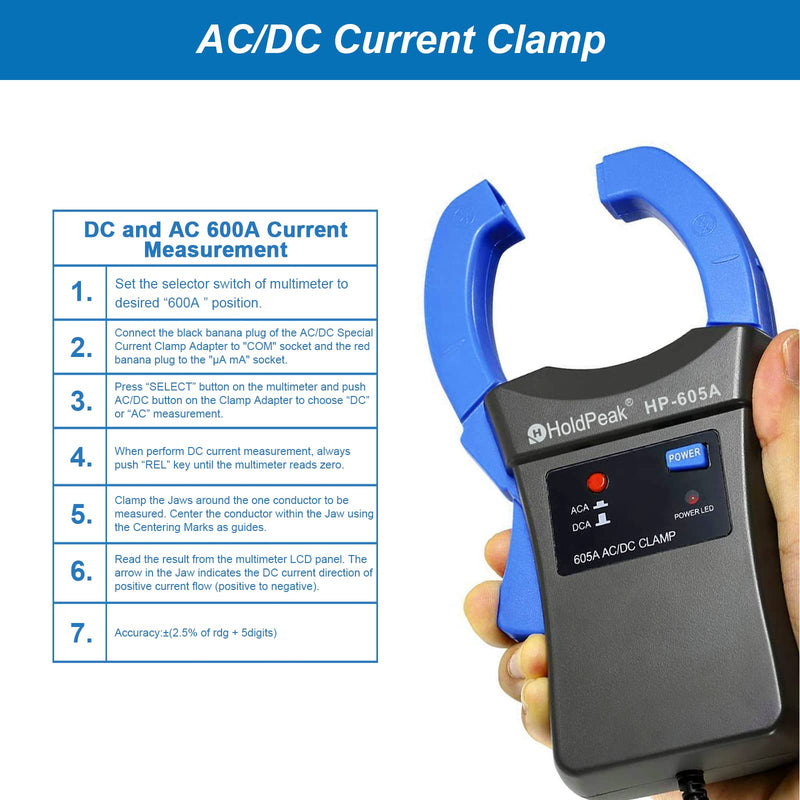 [Australia - AusPower] - AC/DC Current Clamp Probe Tester 600A, HOLDPEAK HP-605A Handheld Digital Multimeter Clamp Adapter, Current Clamp Meter Working with Multimeter 3-Multimeter Clamp Adapter 600A; 