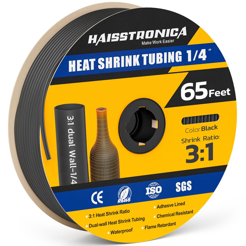[Australia - AusPower] - haisstronica 3:1 Heat Shrink Tubing, Shrink Ratio Adhesive Lined Marine Grade Heat Shrink Tube for Home, Automotive and Industrial (Black) 65FT 1/4inch Black 