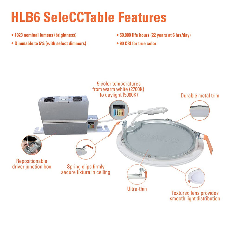 [Australia - AusPower] - HALO HLB 6 inch Recessed LED Ceiling & Shower Disc Light – Canless Ultra Thin Downlight – 5CCT Selectable - White White - 1 Pack 