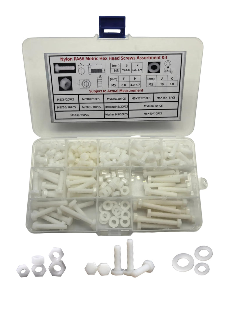 [Australia - AusPower] - Nylon PA66 M5 Plastic White Metric Hex Head Screws Set Assortment Hardware Kit 6-40mm Pack of 185PCS in Plastic Storage Box (Electronics Repair DIY) M5X6-40 