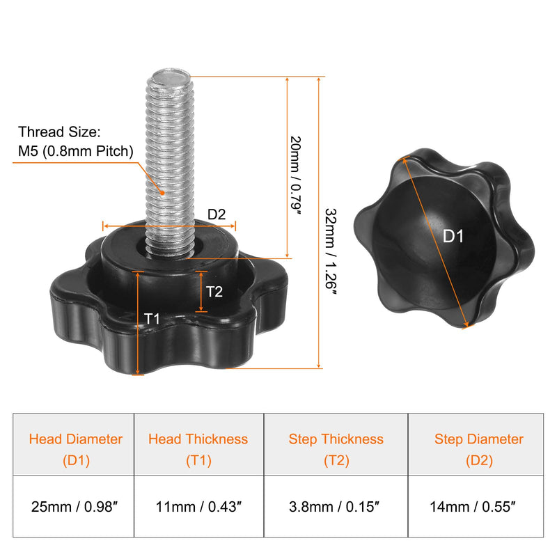 [Australia - AusPower] - HARFINGTON 25pcs Star Knobs M5 x 20mm 304 Stainless Steel Threaded Stud 25mm Plastic 6-Star Head Hand Tightening Thumb Screw Clamping Jig Knob Handle, Black M5 x 20mm x 25mm 