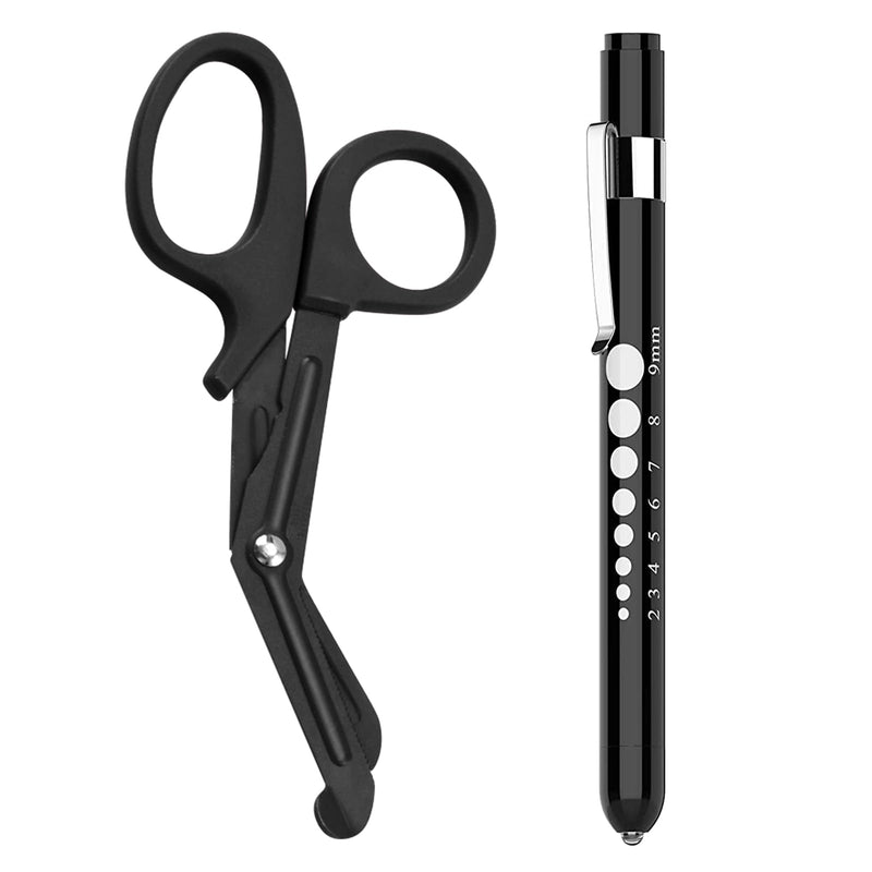 [Australia - AusPower] - 2 Pack Medical Scissors and Penlights for Nurses Medical Supplies with One Medical Pen light, One 6 inches Scissors Trauma Shears for First Aid EMT (Black) Black 