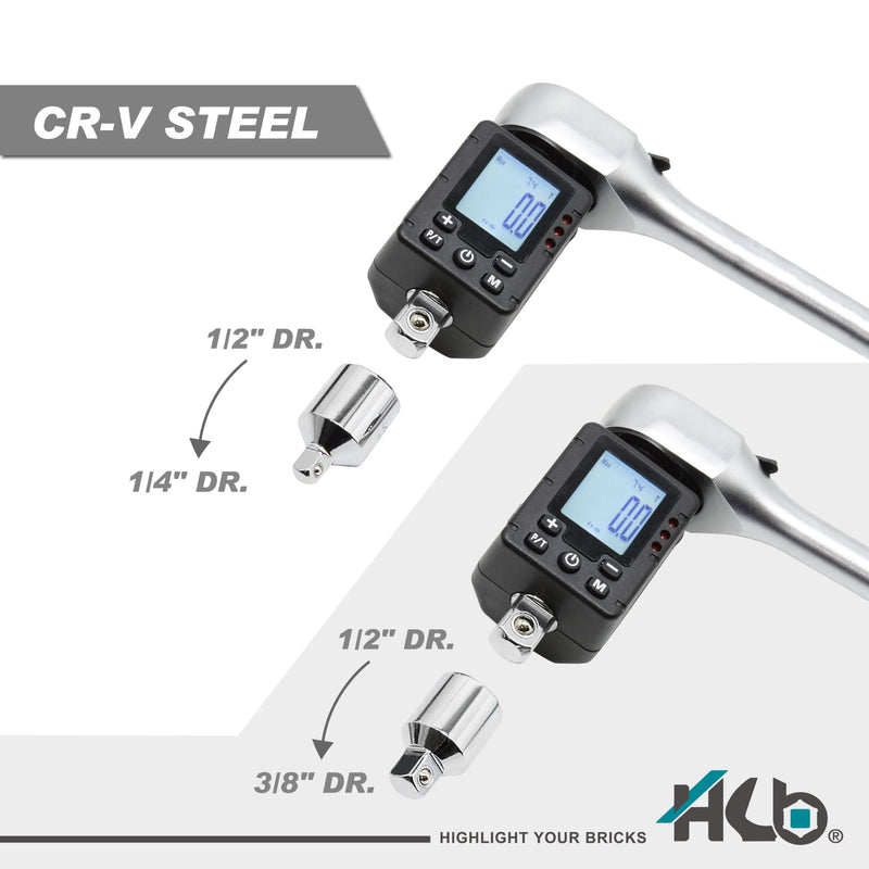 [Australia - AusPower] - HB 3-Piece Digital Torque Adapter Set AAM002-U, 1/2" Drive 7.4–147.6 Ft-lb (10–200Nm), ±2% Accuracy, Peak/Trace Modes, 5 Units, Memory, LED & Buzzer Alerts, Chrome Vanadium Steel, Made in Taiwan 