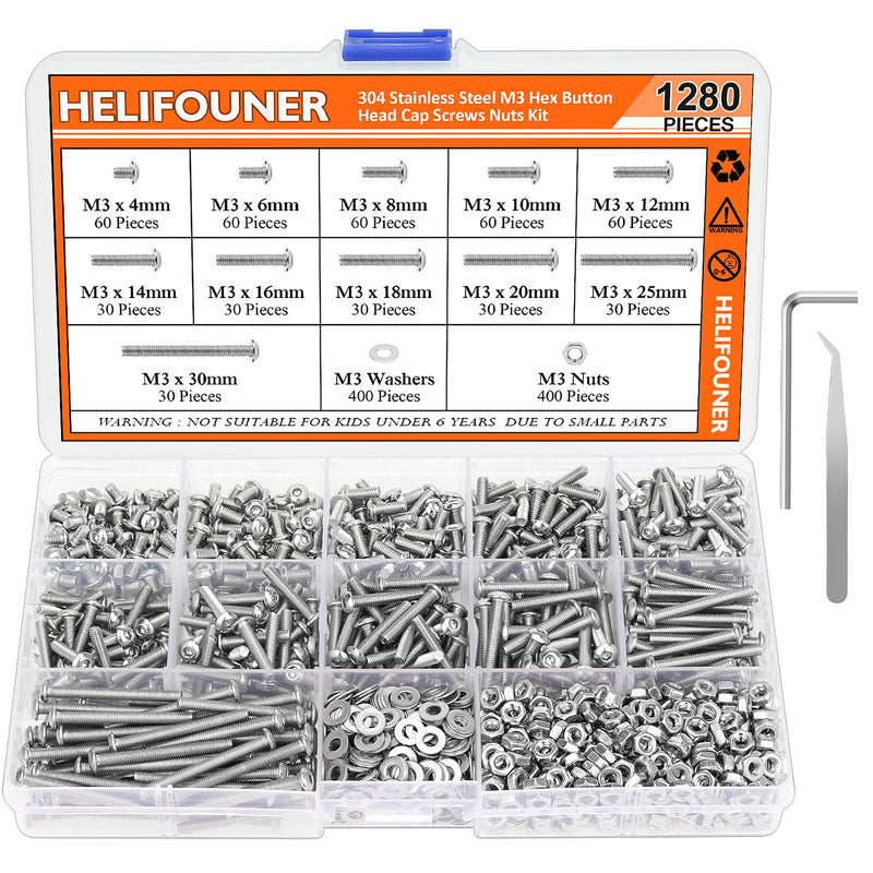 [Australia - AusPower] - 1280 Pieces M3 x 4mm /6mm /8mm /10mm /12mm /14mm /16mm /18mm /20mm /25mm / 30mm, Button Head Socket Cap Screws Bolts Washers Nuts Kit, 304 Stainless Steel 