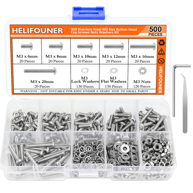 [Australia - AusPower] - 500 Pieces M3 x 6mm /8mm /10mm /12mm /16mm /20mm, Hex Button Head Cap Metric Screws Bolts Washers Nuts Kit, 304 Stainless Steel 