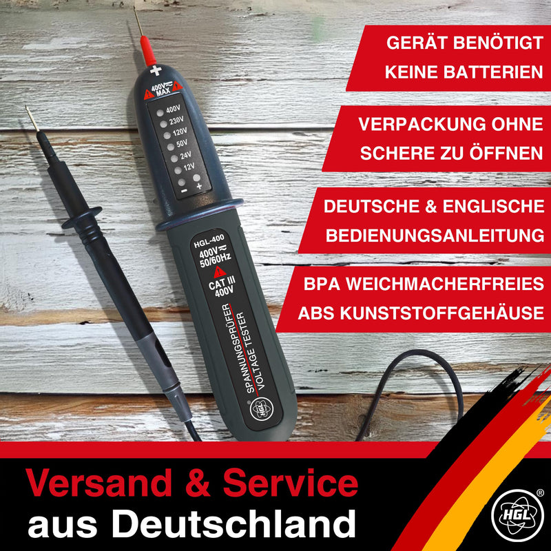 [Australia - AusPower] - HGL -400 Voltage Tester Double Pole 12 V to 400 V AC/DC with LED Display, Phase Tester, IP54 Splash-Proof, No Batteries Required, 2-Pin Voltage Meter, Socket Meter 