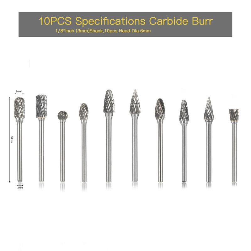 [Australia - AusPower] - Carbide Burr Set 10PC 1/8" Shank Tungsten Double Cut Carbide Rotary Burr Set for Metal and Wood Carving, Grinding, Polishing, Engraving, Drilling. 10PC 1/8 shank 
