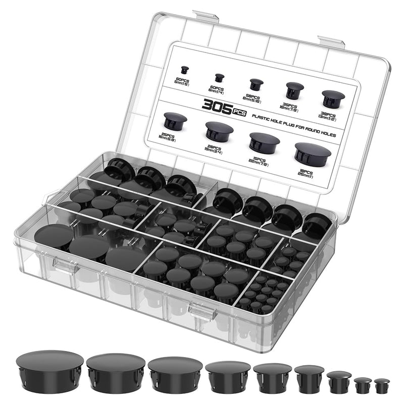 [Australia - AusPower] - 305Pcs Plastic Plug for Round Holes 9 Sizes Nylon Plastic Hole Plugs 1/5" 1/4" 5/16" 3/8" 1/2" 5/8" 3/4" 7/8" 1" for Furniture Cabinet Distribution Box 